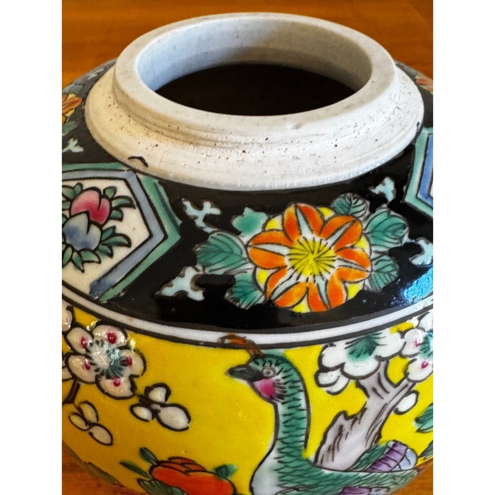 Japanese Porcelain Ginger Jar Hand Painted Yellow Peony Flower & Bird VTG 1950's - Picture 13 of 15